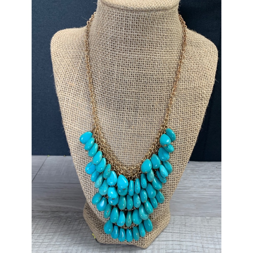 Turquoise Teardrop‎ Statement Bib Necklace Gold Tone Boho Southwestern 3032